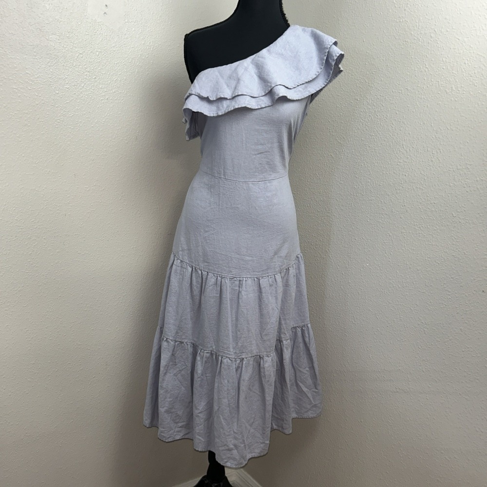 Nicole Miller‎ One Shoulder Dress Women's M Blue Linen Blend Tiered Asymmetrical